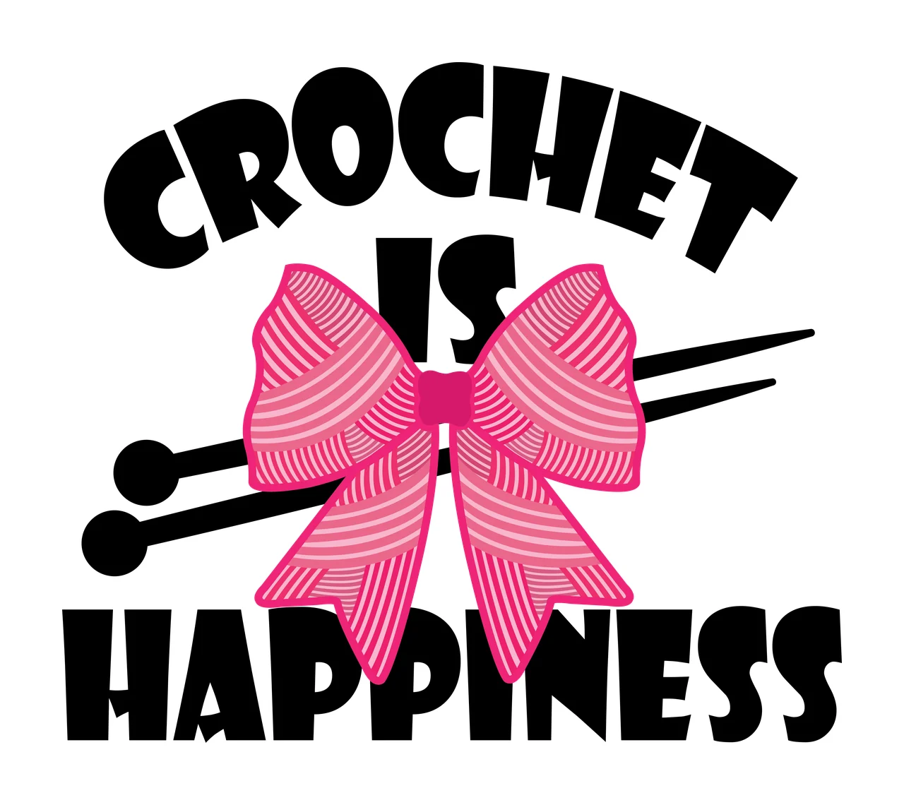 Bow Text Graphic Ribbon and needles Behind knitting silhouette