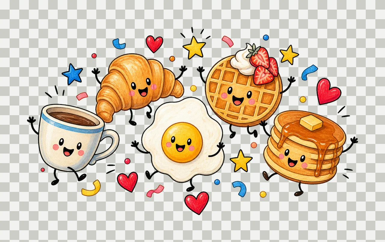 Happy Breakfast Food Doodle Cute Smiling Variation A transparency and detail preview thumbnail