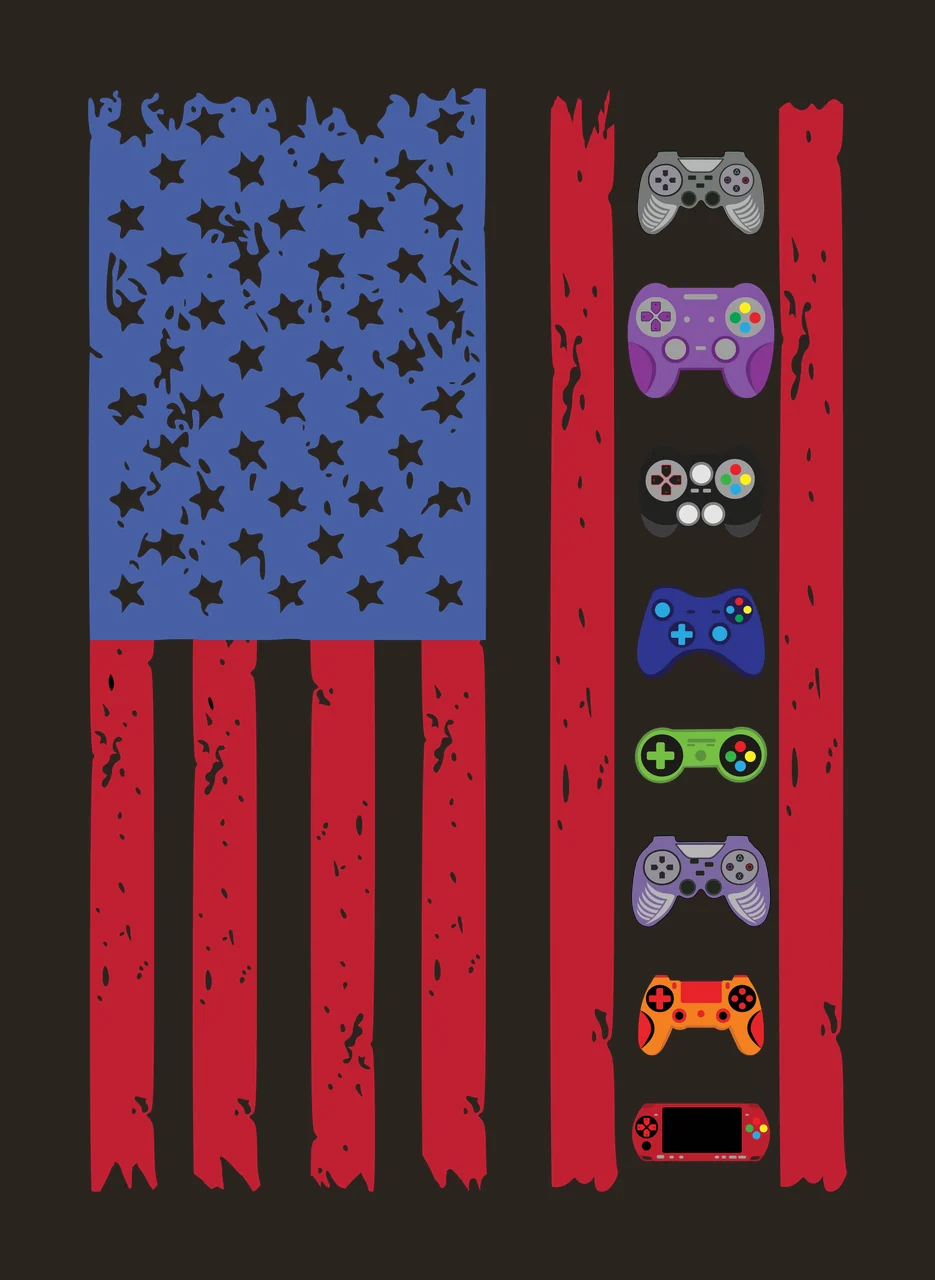 American flag with vertical column of video game controllers Illustration with blue field with white stars, red and white vertical stripes, gray game controller and purple game controller contrast preview thumbnail