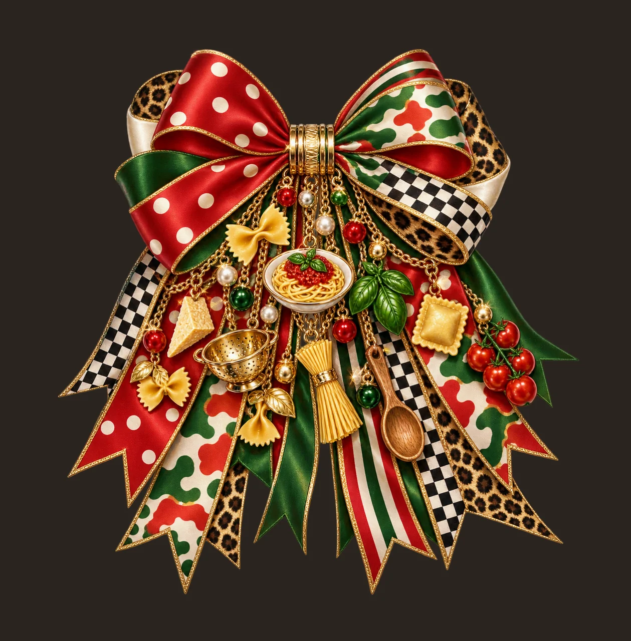 Pasta Lover Bow Charm PNG, Themed Gold Chain Charms, Coquette Ribbon Sublimation Design, Transparent Digital Download contrast preview thumbnail