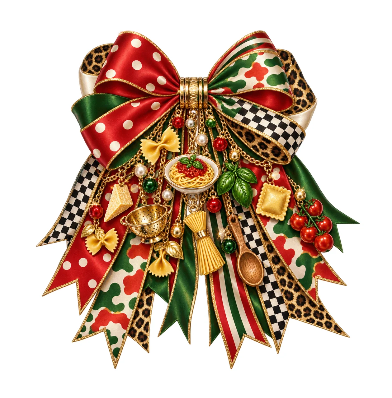 Pasta Lover Bow Charm PNG, Themed Gold Chain Charms, Coquette Ribbon Sublimation Design, Transparent Digital Download