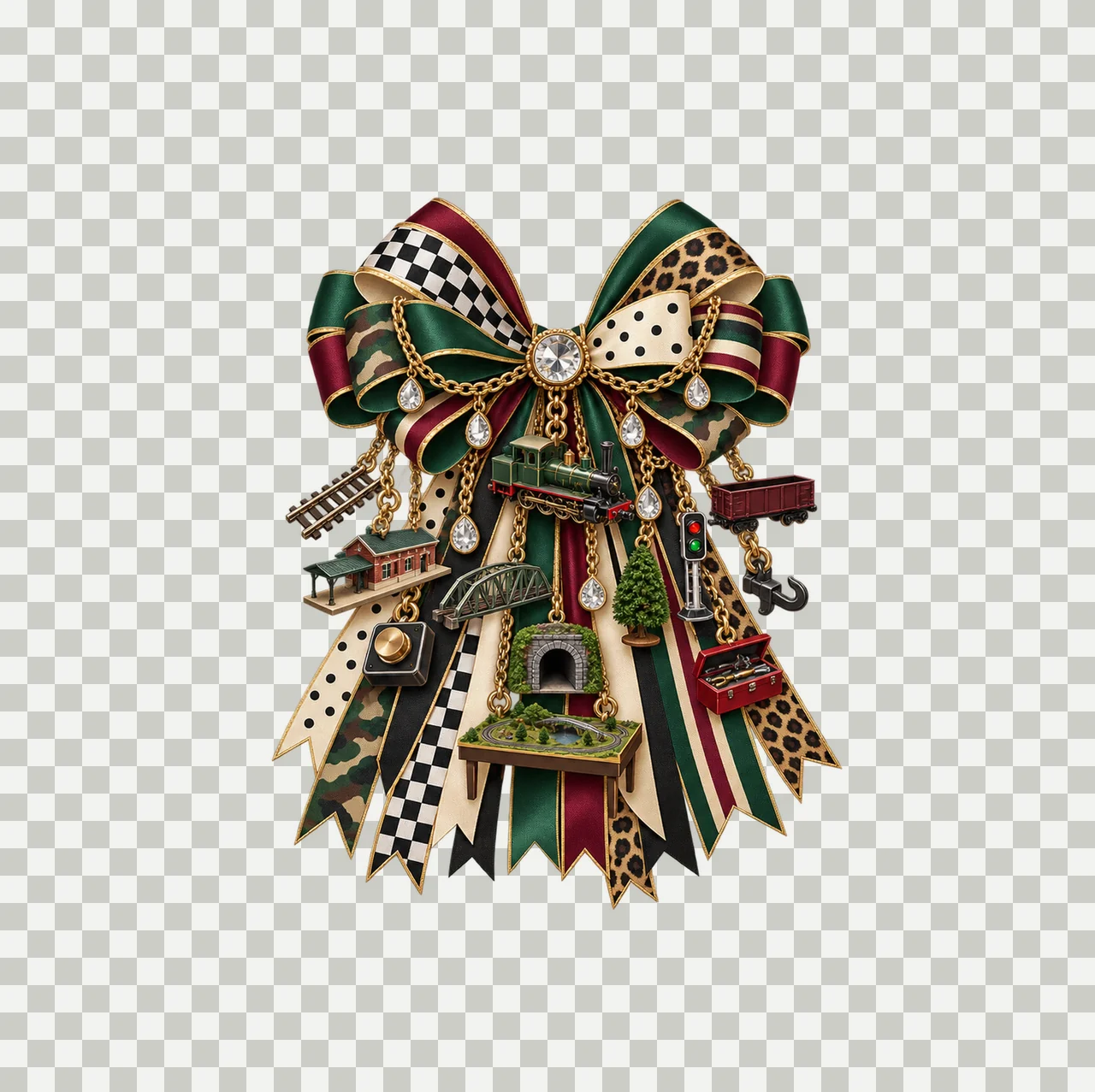 Model Train Hobbyist Bow Charm PNG, Gold Chain Charms, Transparent Sublimation Design, Digital Download transparency and detail preview thumbnail