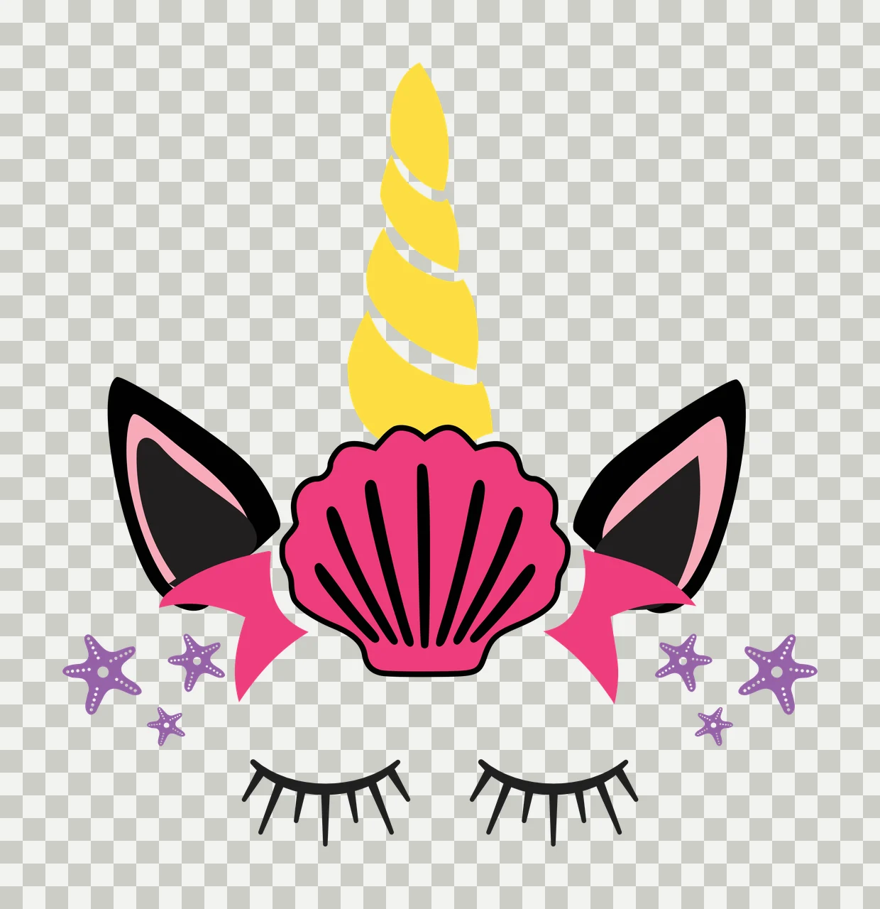 Unicorn head design with sea theme with yellow unicorn horn, pink seashell, black ears with pink lining and closed eyelashes transparency and detail preview thumbnail