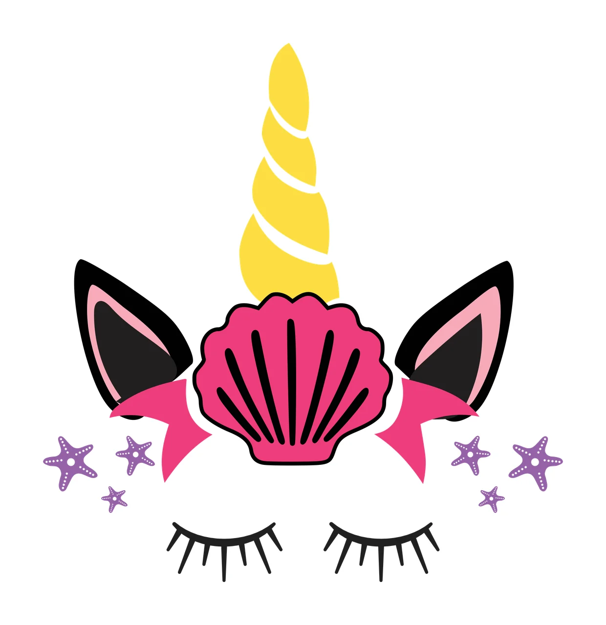 Unicorn head design with sea theme with yellow unicorn horn, pink seashell, black ears with pink lining and closed eyelashes