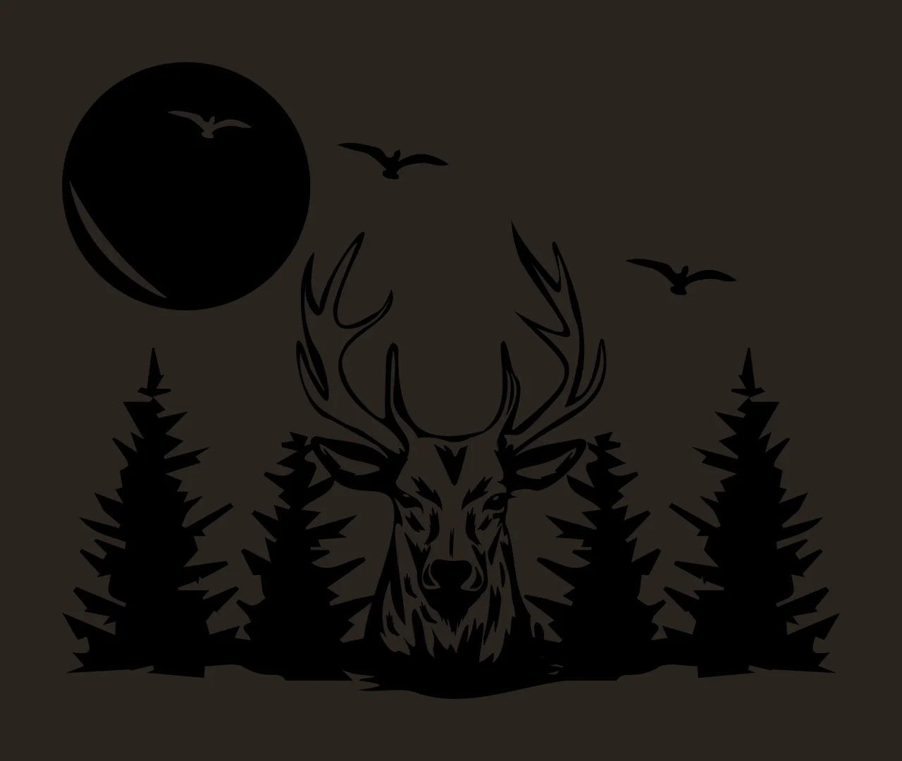 Deer Head Forest Moon Silhouette Graphic trees birds black contrast preview thumbnail
