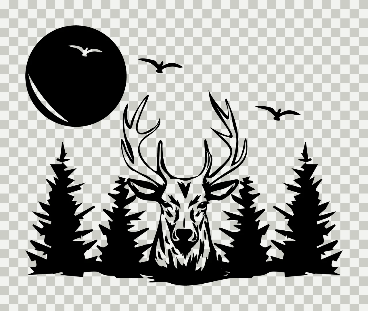 Deer Head Forest Moon Silhouette Graphic trees birds black transparency and detail preview thumbnail