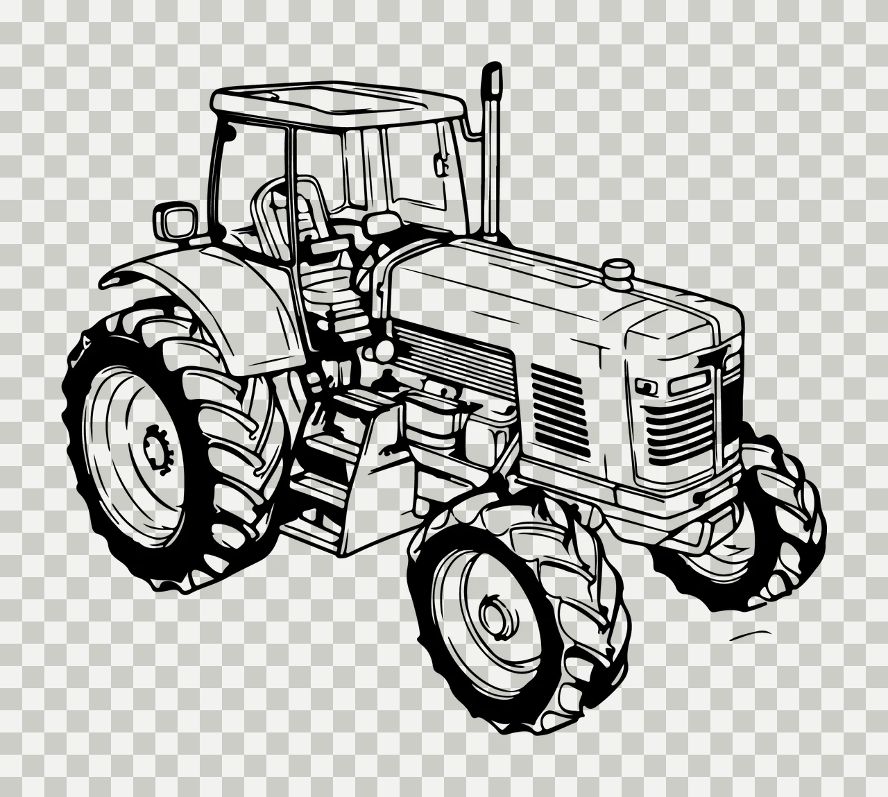 Agricultural Tractor Side Profile Drawing standing wheels cabin transparency and detail preview thumbnail
