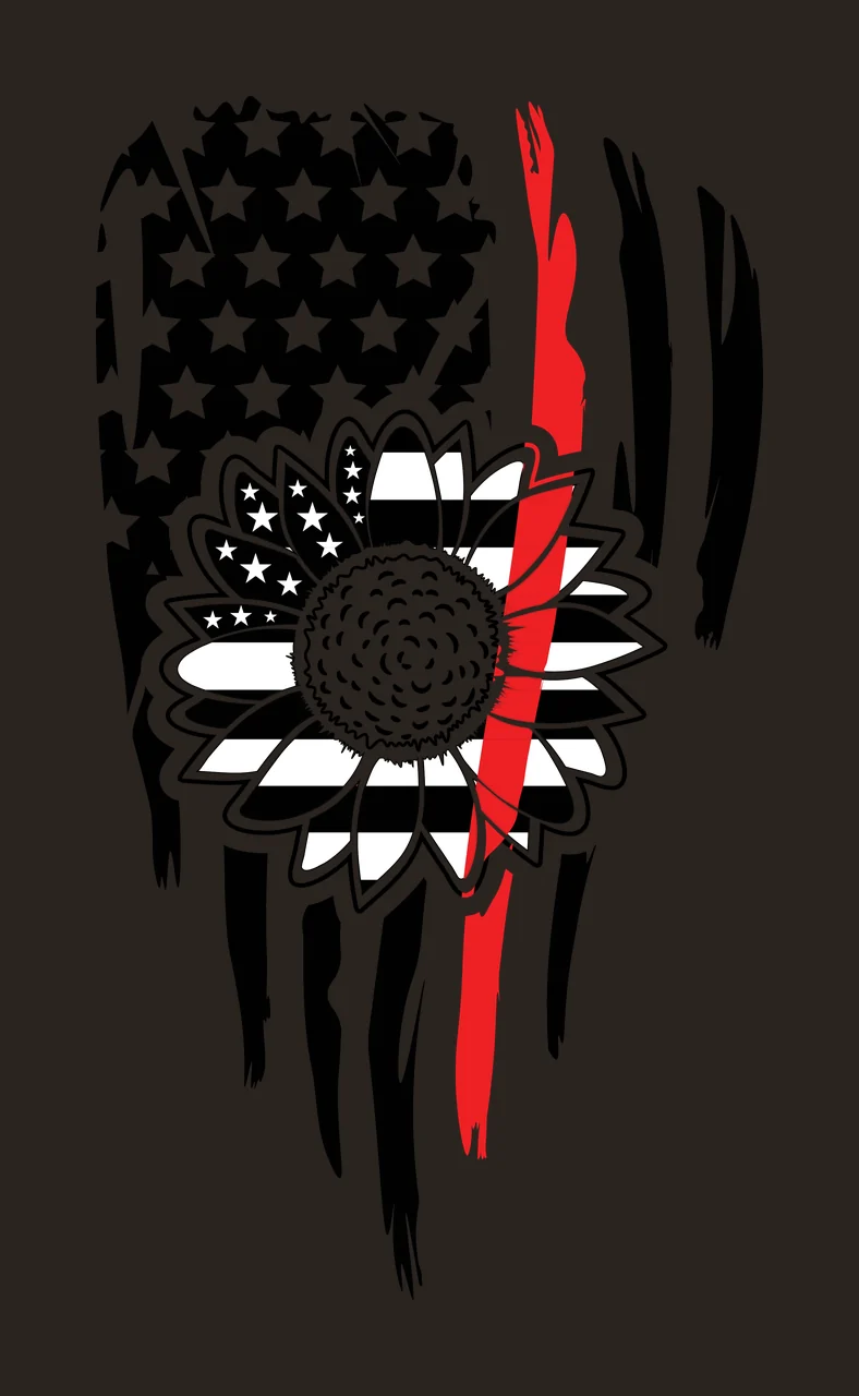 Distressed American flag with sunflower Illustration with thin red line, stars, stripes and tattered edges in black and white contrast preview thumbnail