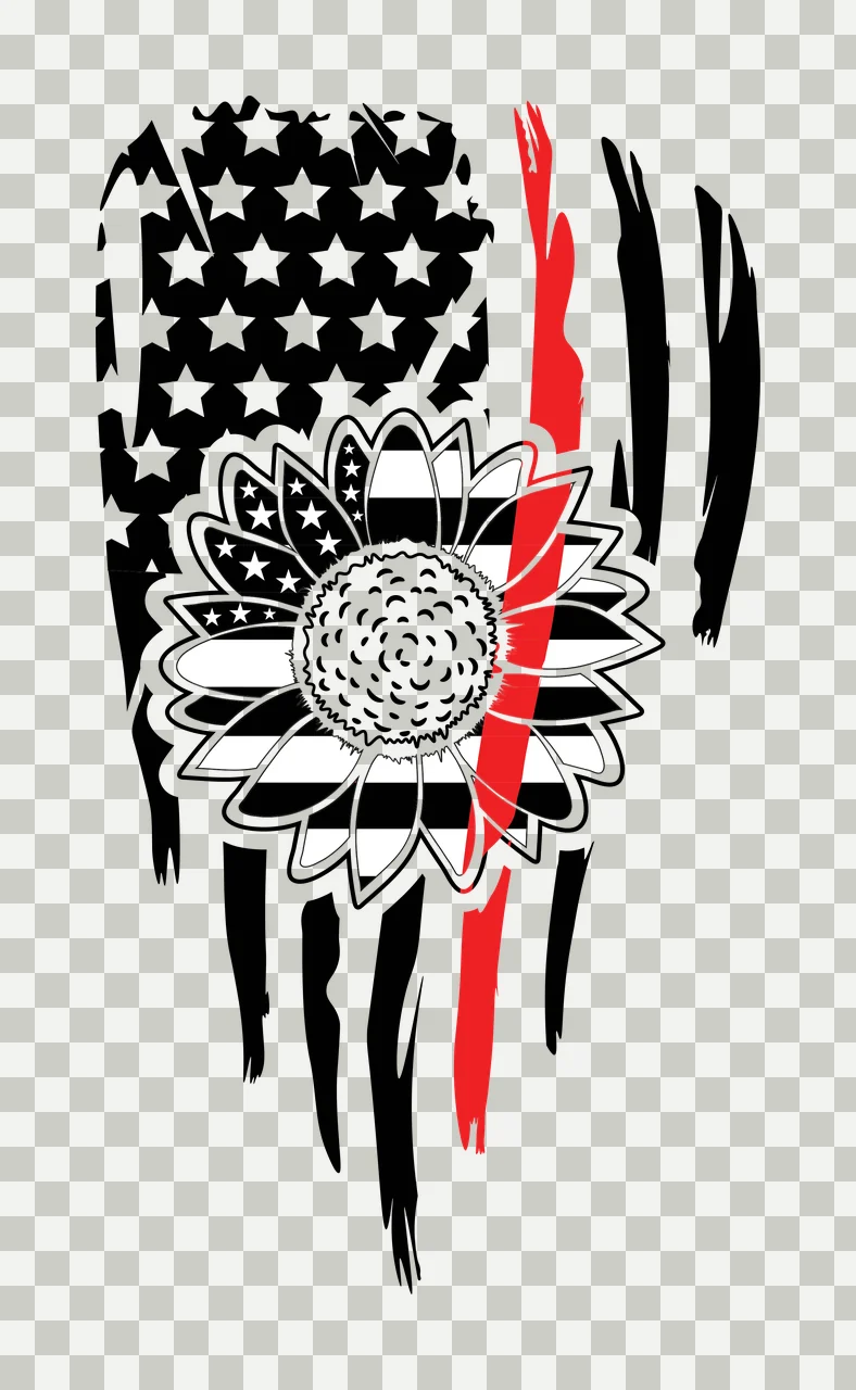 Distressed American flag with sunflower Illustration with thin red line, stars, stripes and tattered edges in black and white transparency and detail preview thumbnail