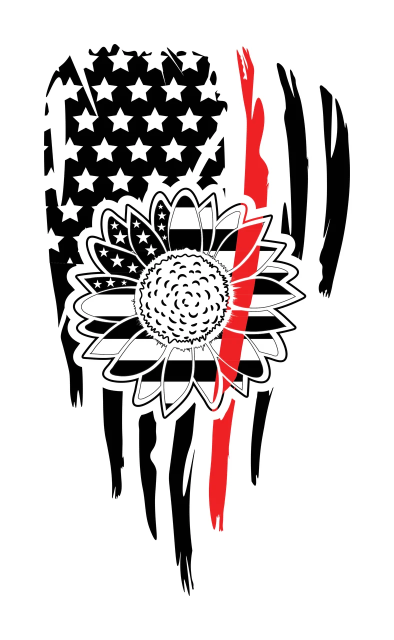 Distressed American flag with sunflower Illustration with thin red line, stars, stripes and tattered edges in black and white
