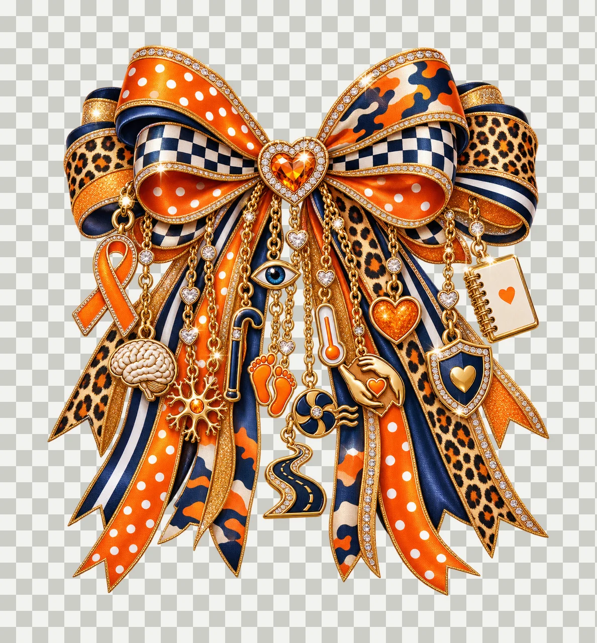 Multiple Sclerosis Awareness Bow Charm PNG, Themed Gold Chain Charms, Coquette Ribbon Sublimation Design, Transparent Digital Download transparency and detail preview thumbnail