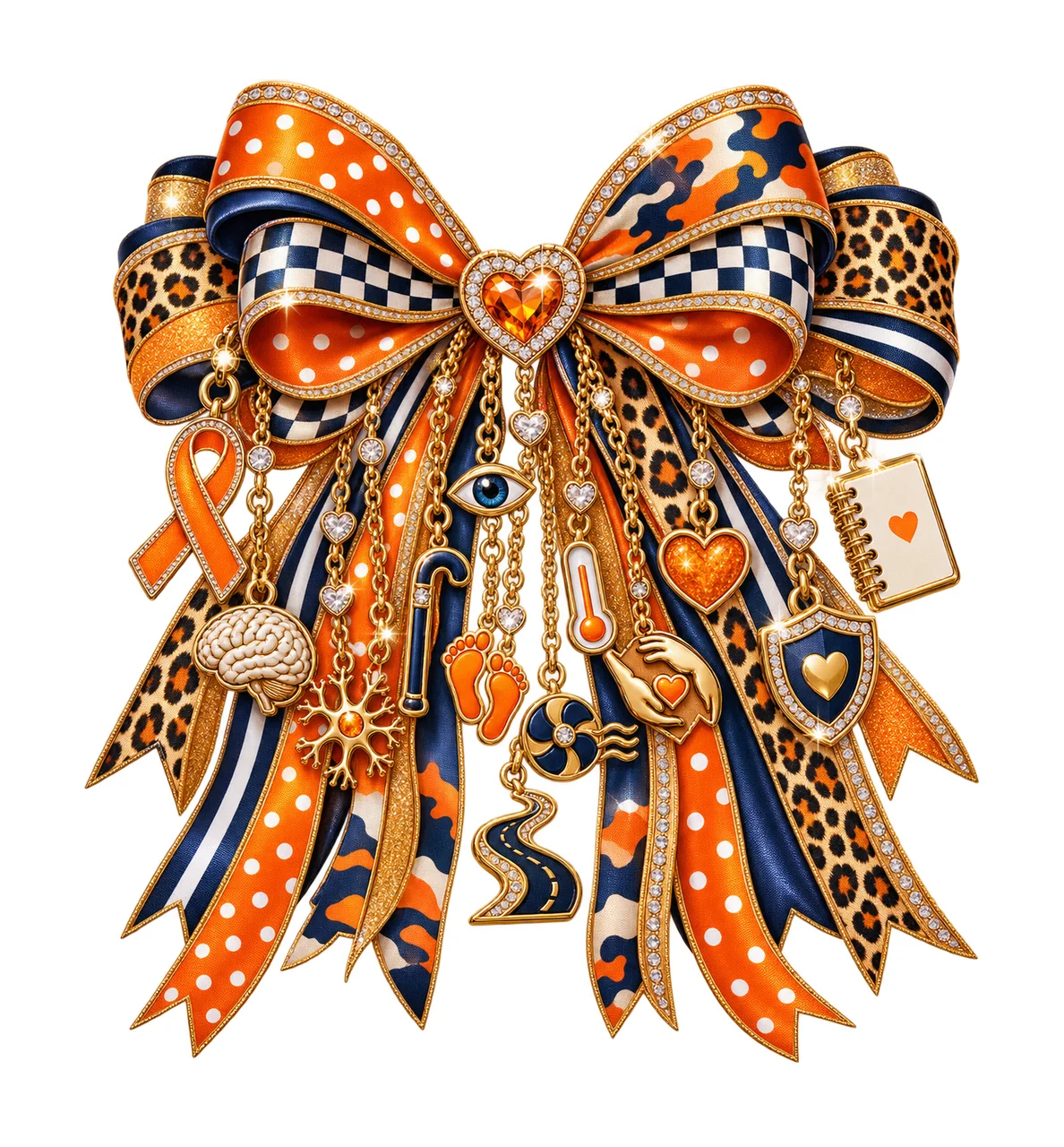 Multiple Sclerosis Awareness Bow Charm PNG, Themed Gold Chain Charms, Coquette Ribbon Sublimation Design, Transparent Digital Download
