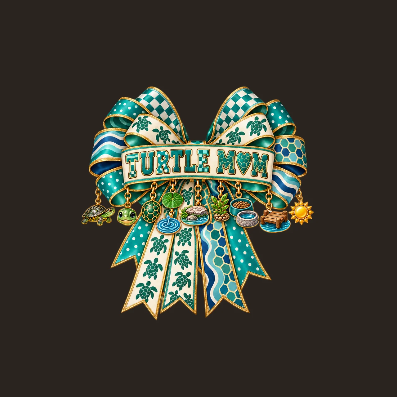 Turtle Mom Bow Charm PNG, Patterned Varsity Mom Ribbon Clipart, Transparent Sublimation Digital Download contrast preview thumbnail