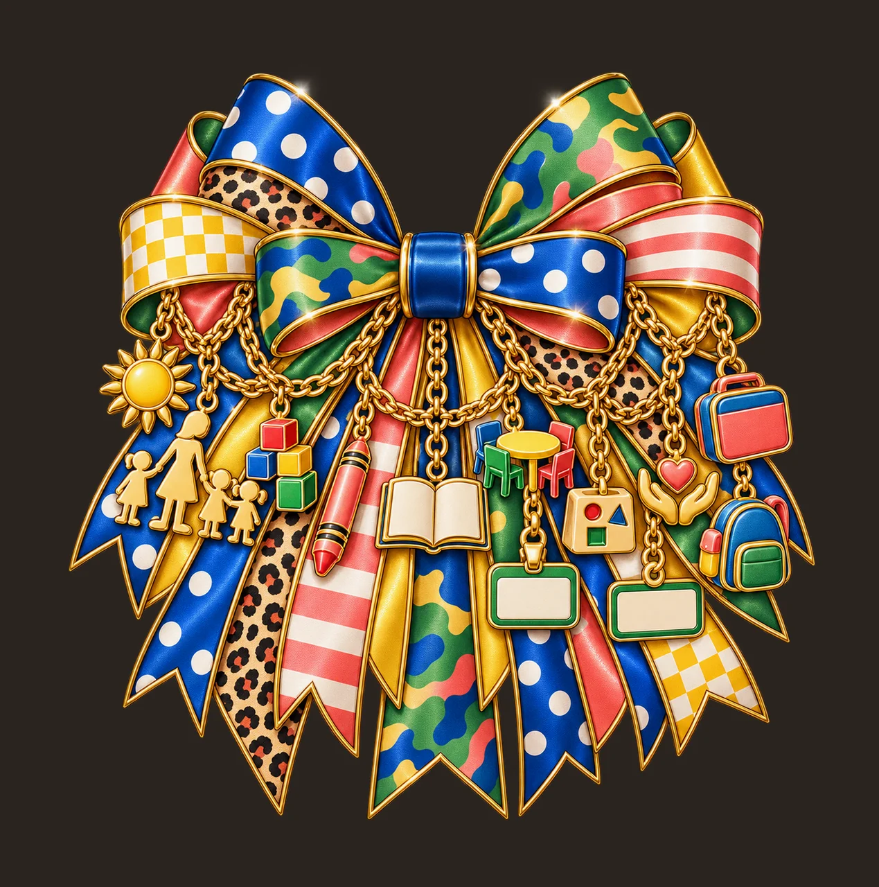 Daycare Teacher Bow Charm PNG, Gold Chain Charms, Transparent Sublimation Design, Digital Download contrast preview thumbnail