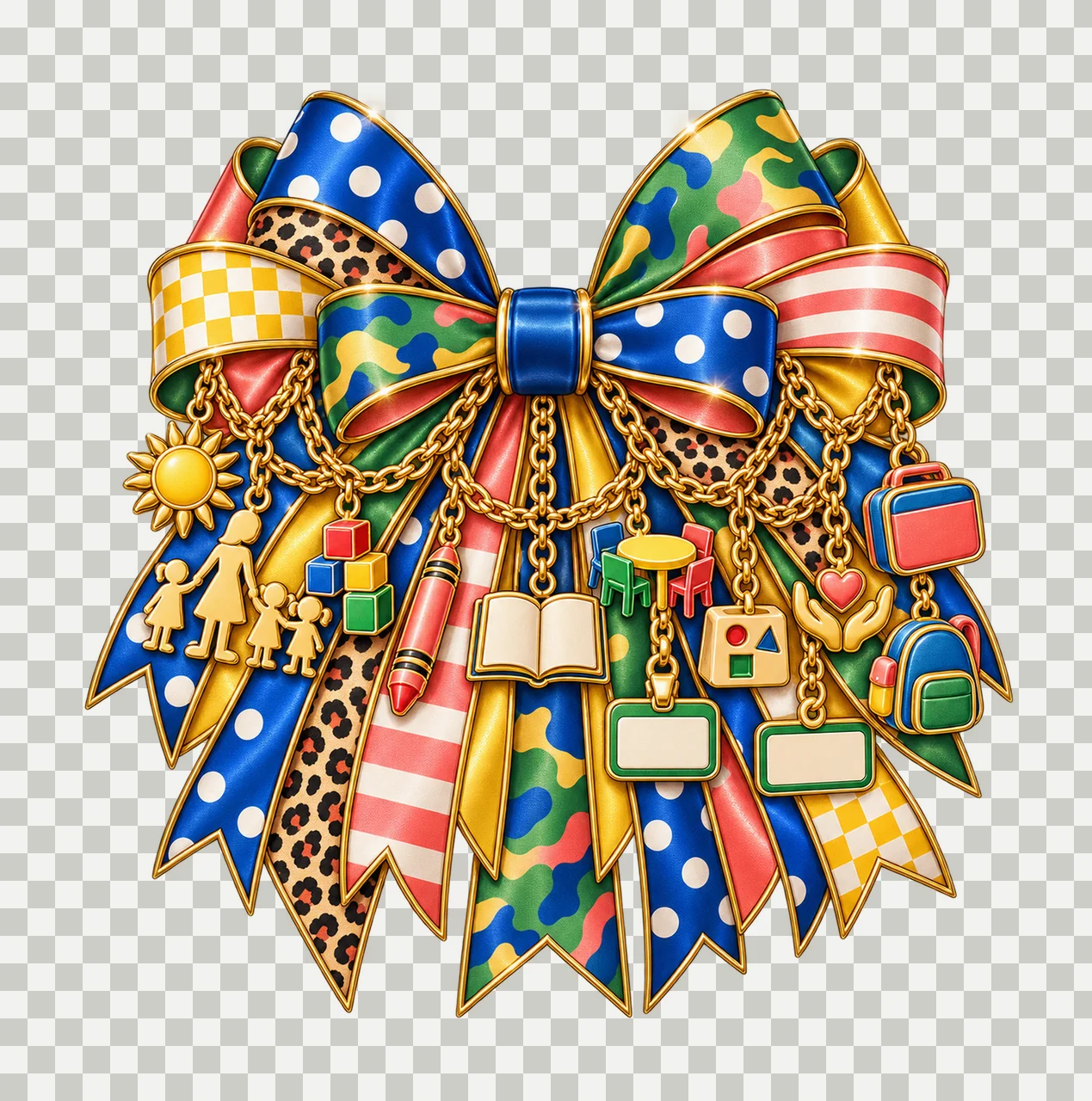 Daycare Teacher Bow Charm PNG, Gold Chain Charms, Transparent Sublimation Design, Digital Download transparency and detail preview thumbnail