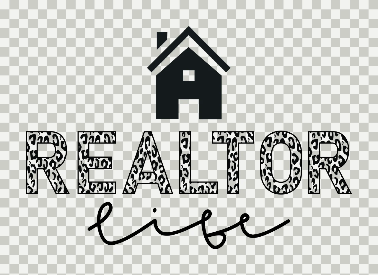 REALTOR life Typography Design with black house icon, leopard-print letters R E A L T O R, cursive black 'life' and white background transparency and detail preview thumbnail