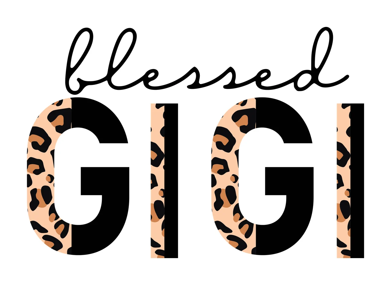 Blessed GIGI Typography Design with cursive script font, block letters, leopard print pattern and split dual tone effect in black, tan and brown