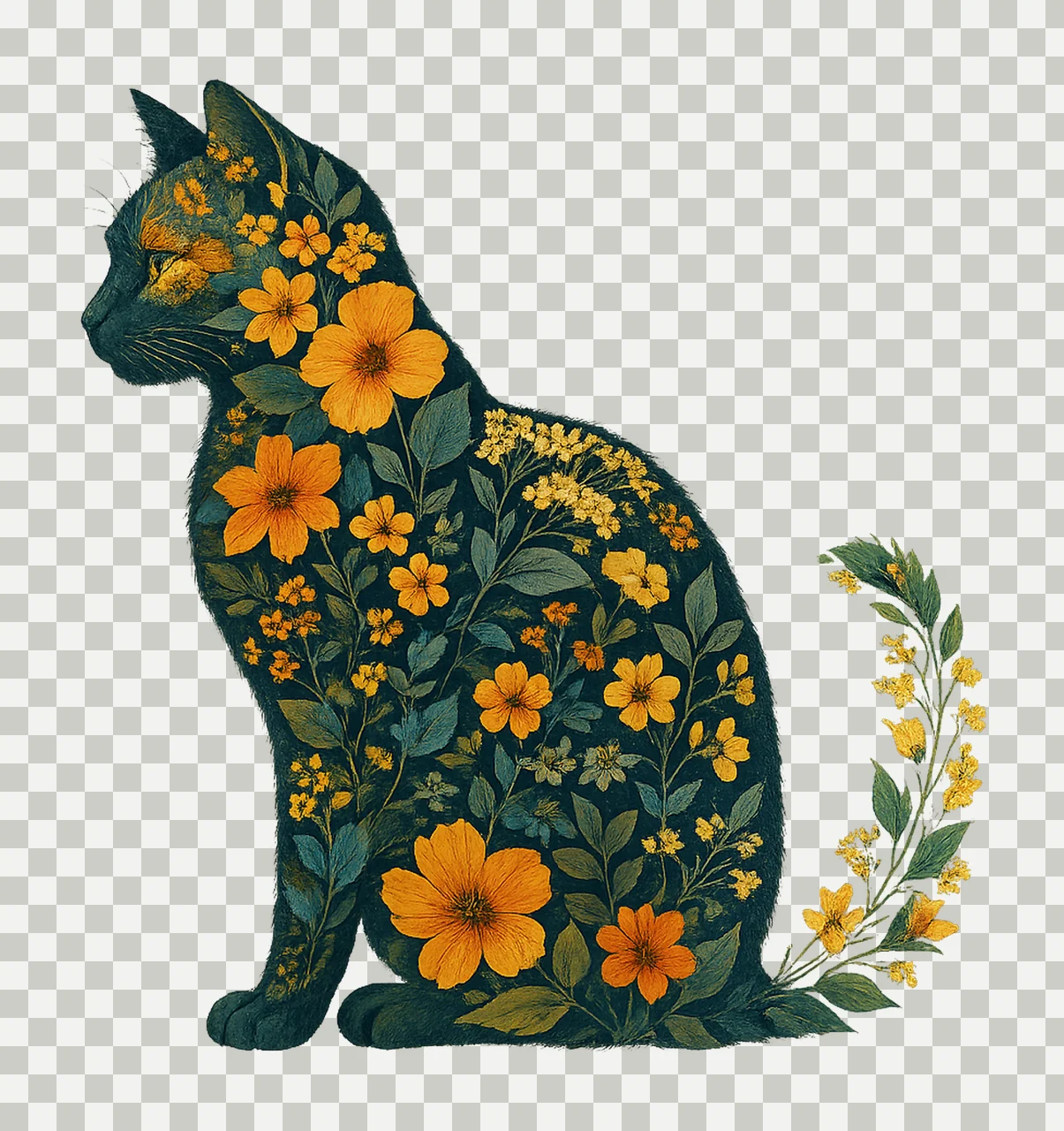 Wildflower Cat Floral Sublimation Design Cat Lover Artwork transparency and detail preview thumbnail