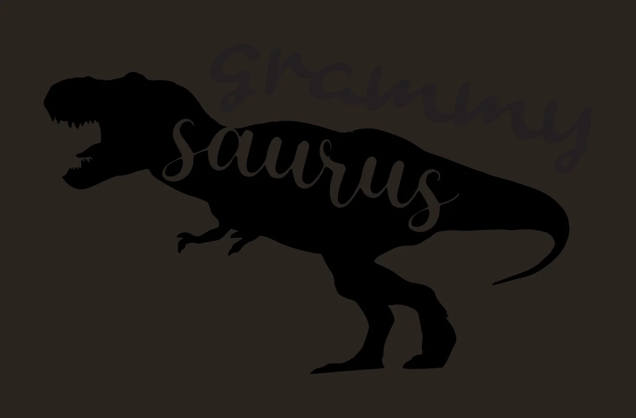 Grammy saurus dinosaur silhouette Design with Tyrannosaurus Rex silhouette, script text and cutout lettering in black and white contrast preview thumbnail