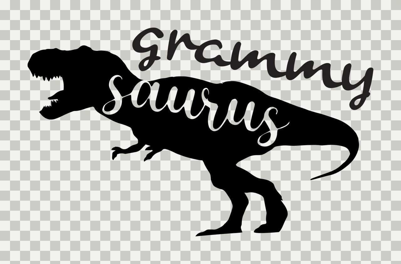 Grammy saurus dinosaur silhouette Design with Tyrannosaurus Rex silhouette, script text and cutout lettering in black and white transparency and detail preview thumbnail