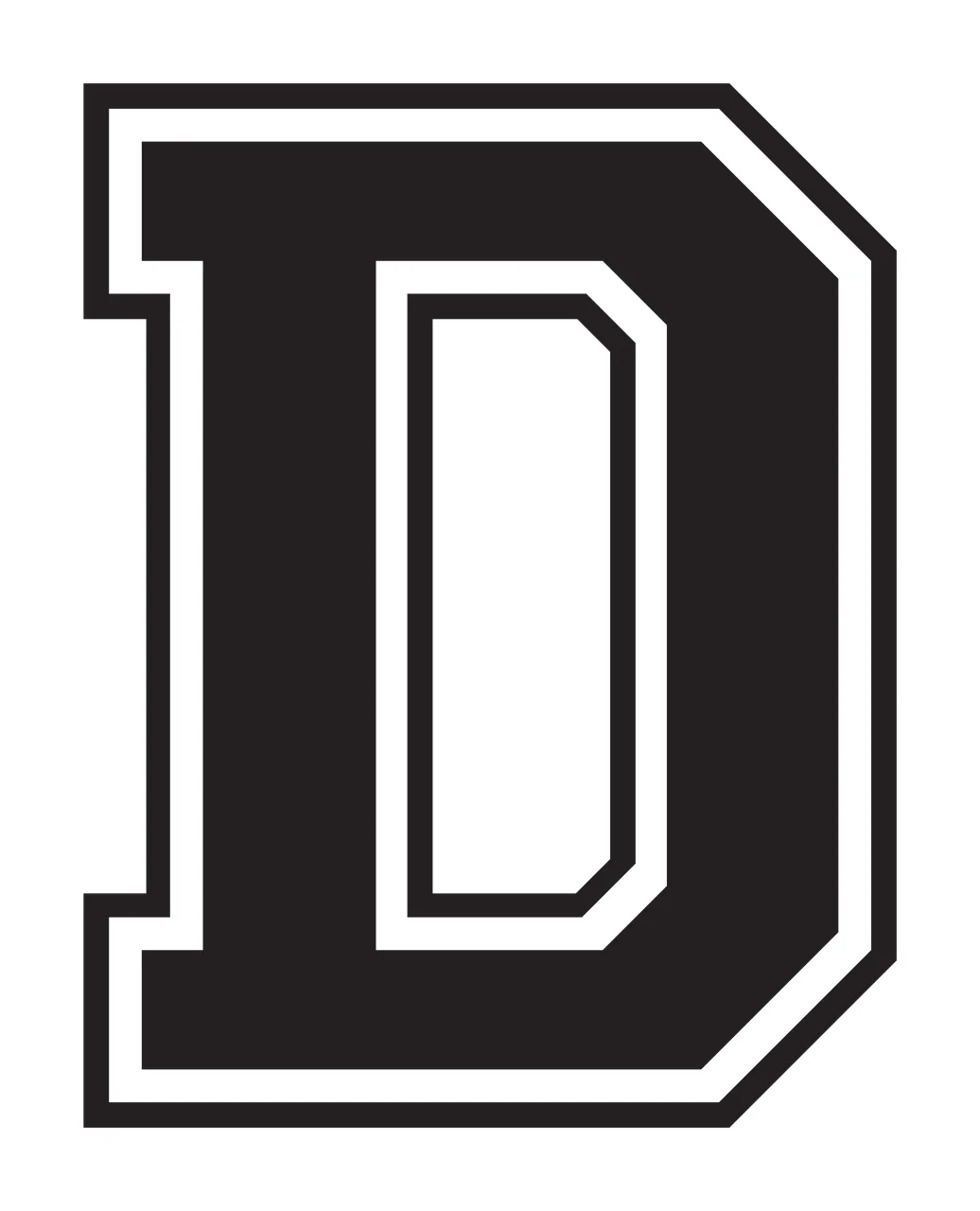 D Letter Design with double outline, block font, varsity and athletic in black and white