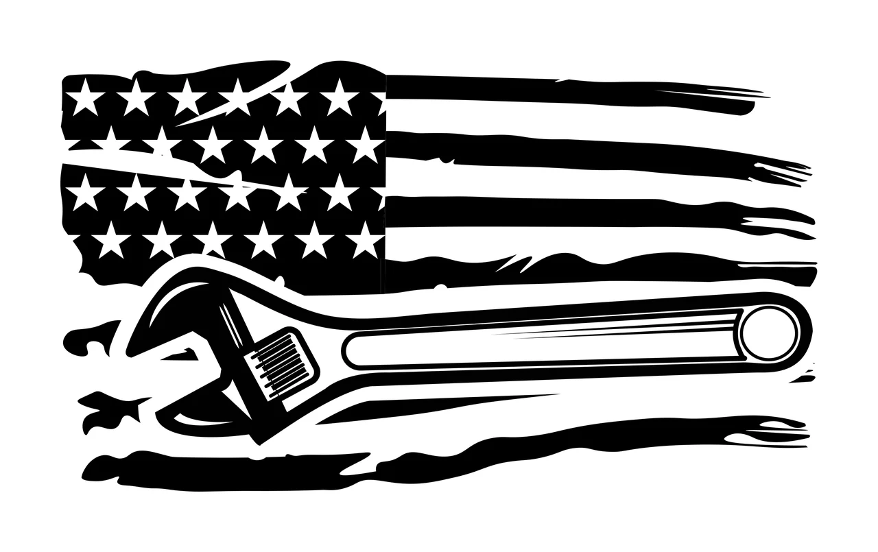 Mechanic American Flag With Wrench Silhouette Graphic Overlapping