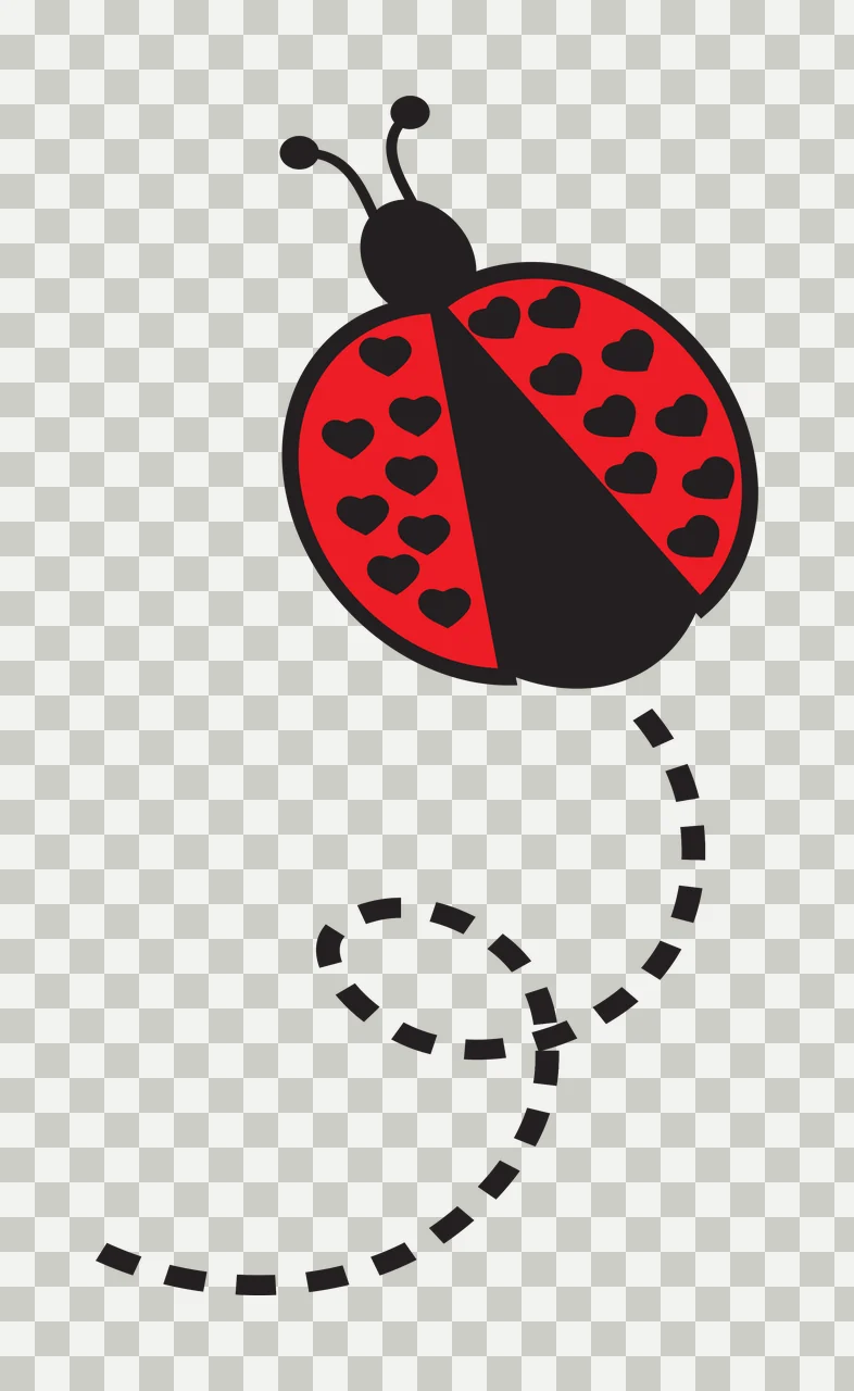 Ladybug with heart-patterned shell and dashed path Illustration with red ladybug, black antennae, black heart-shaped spots and black dashed trail transparency and detail preview thumbnail