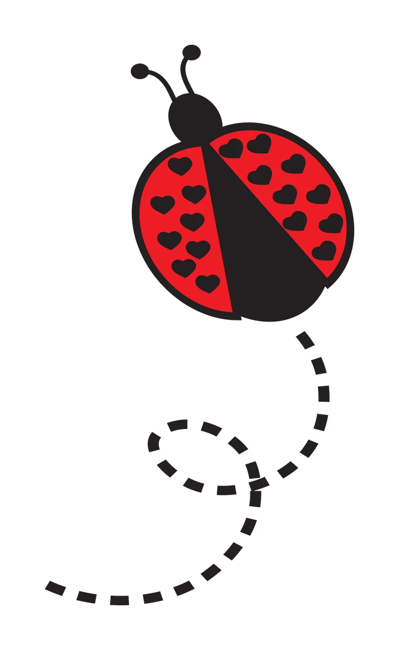 Ladybug with heart-patterned shell and dashed path Illustration with red ladybug, black antennae, black heart-shaped spots and black dashed trail