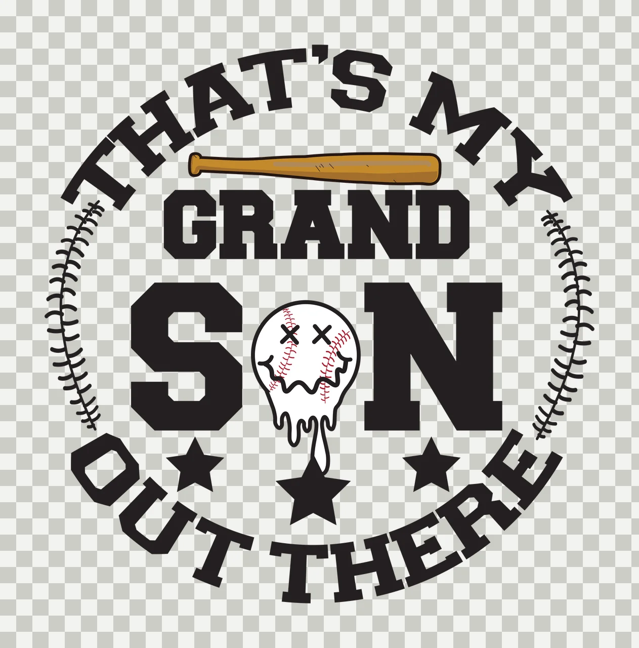 THAT'S MY GRAND SON OUT THERE baseball typography Design with baseball bat, melting baseball face, stars and baseball seams in black, brown and white transparency and detail preview thumbnail