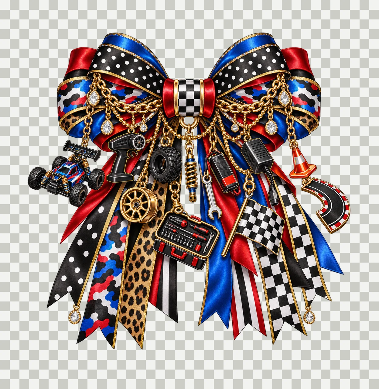 RC Car Hobbyist Bow Charm PNG, Gold Chain Charms, Transparent Sublimation Design, Digital Download transparency and detail preview thumbnail