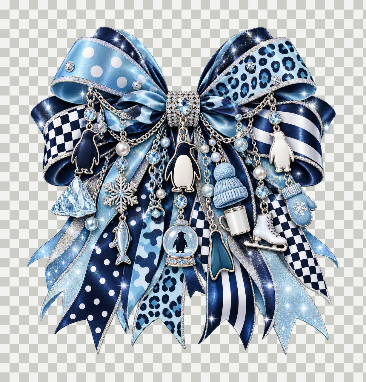 Penguin Lover Bow Charm PNG, Featureless Penguin Iceberg Fish and Snowflake Charms, Winter Animal Sublimation Design transparency and detail preview thumbnail
