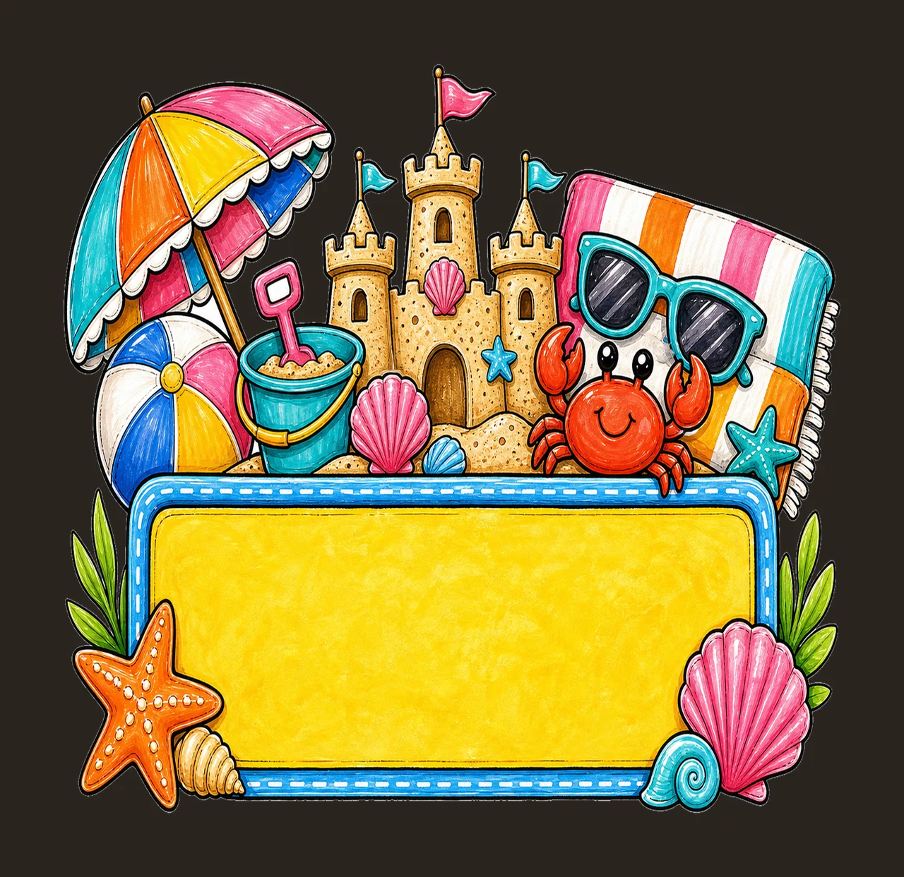 Summer Beach Name Plate Frame Design Hand Drawn Variation B contrast preview thumbnail