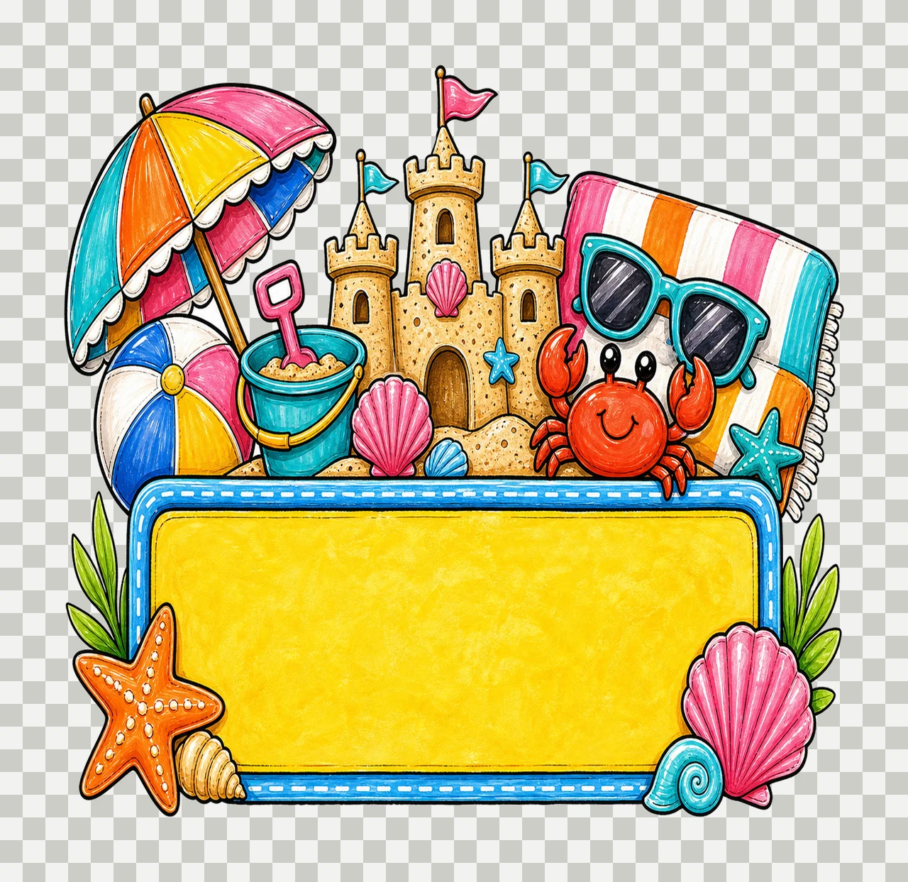 Summer Beach Name Plate Frame Design Hand Drawn Variation B transparency and detail preview thumbnail