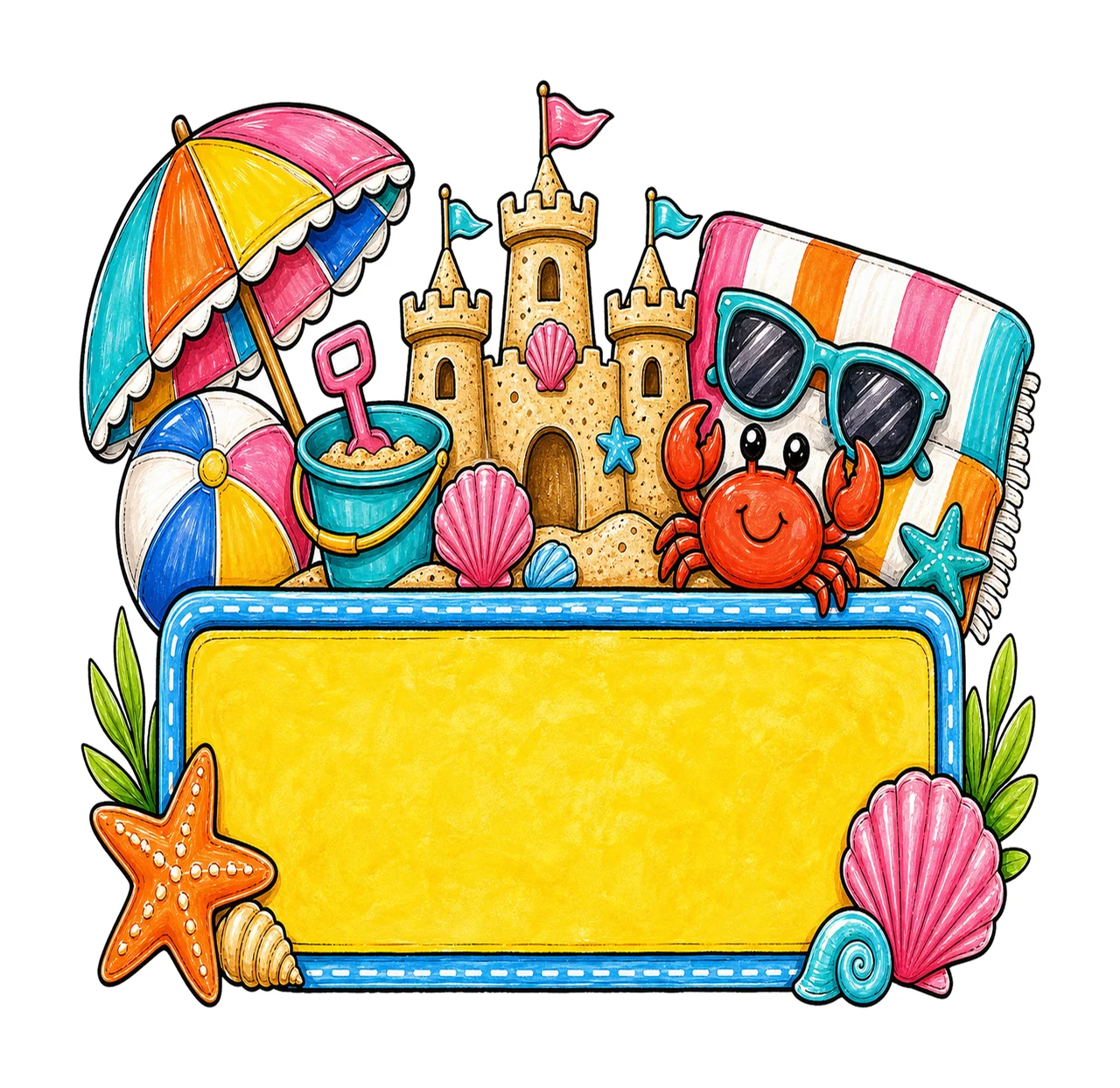 Summer Beach Name Plate Frame Design Hand Drawn Variation B