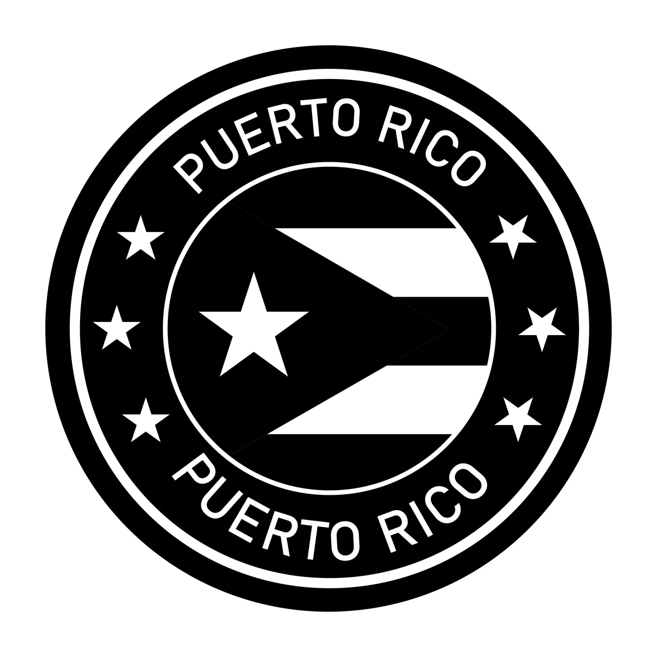 PUERTO RICO PUERTO RICO Puerto Rico flag emblem Design with five-pointed stars, circular frame, text ring and stripes in black and white