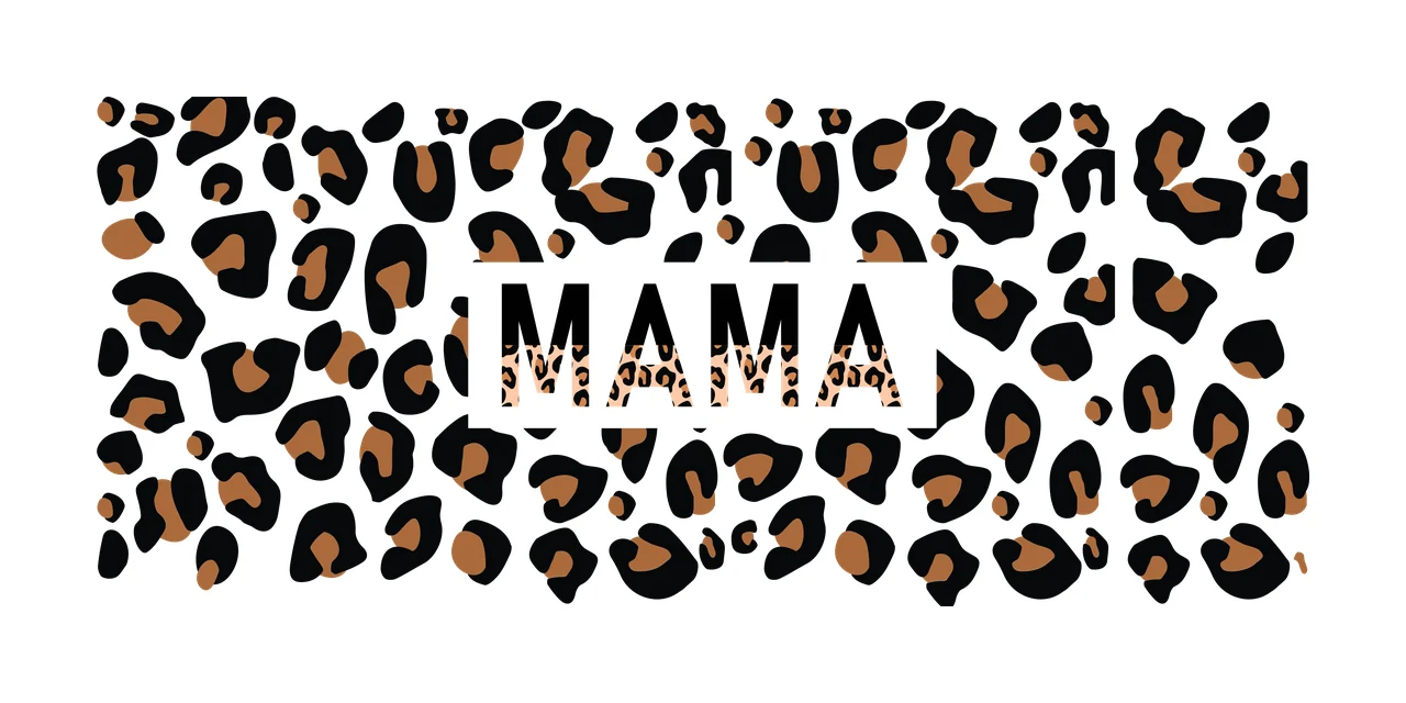 MAMA Typography Design with word MAMA, leopard spots, white rectangular frame and split letter fill in black, brown and tan