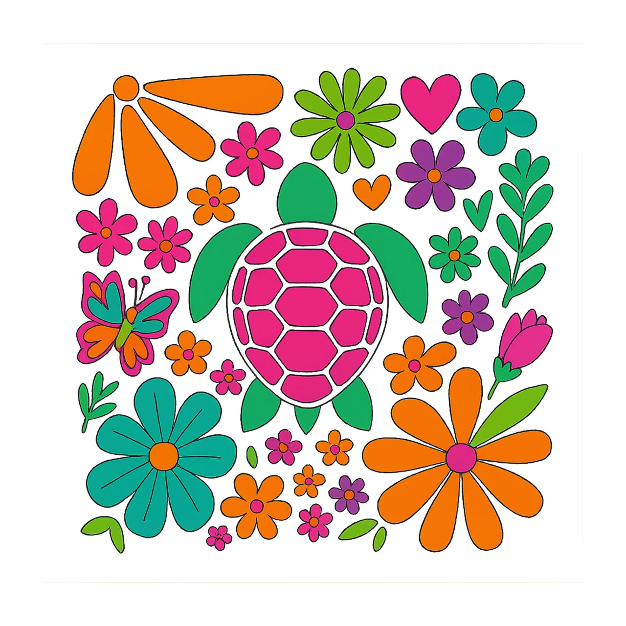 Floral Turtle With Flowers And Butterfly In Pink hearts