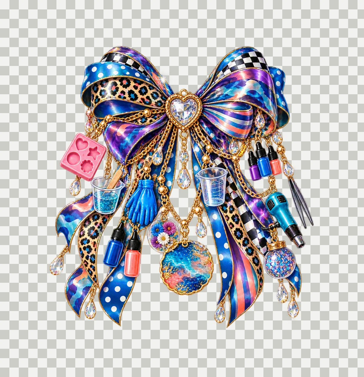 Resin Artist Bow Charm PNG, Themed Gold Chain Charms, Coquette Ribbon Sublimation Design, Transparent Digital Download transparency and detail preview thumbnail