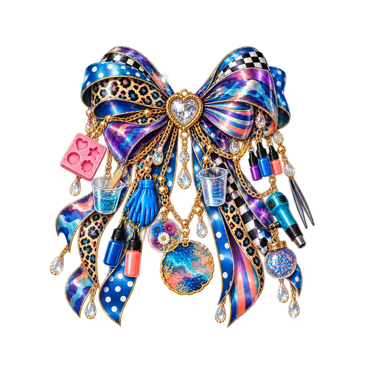 Resin Artist Bow Charm PNG, Themed Gold Chain Charms, Coquette Ribbon Sublimation Design, Transparent Digital Download