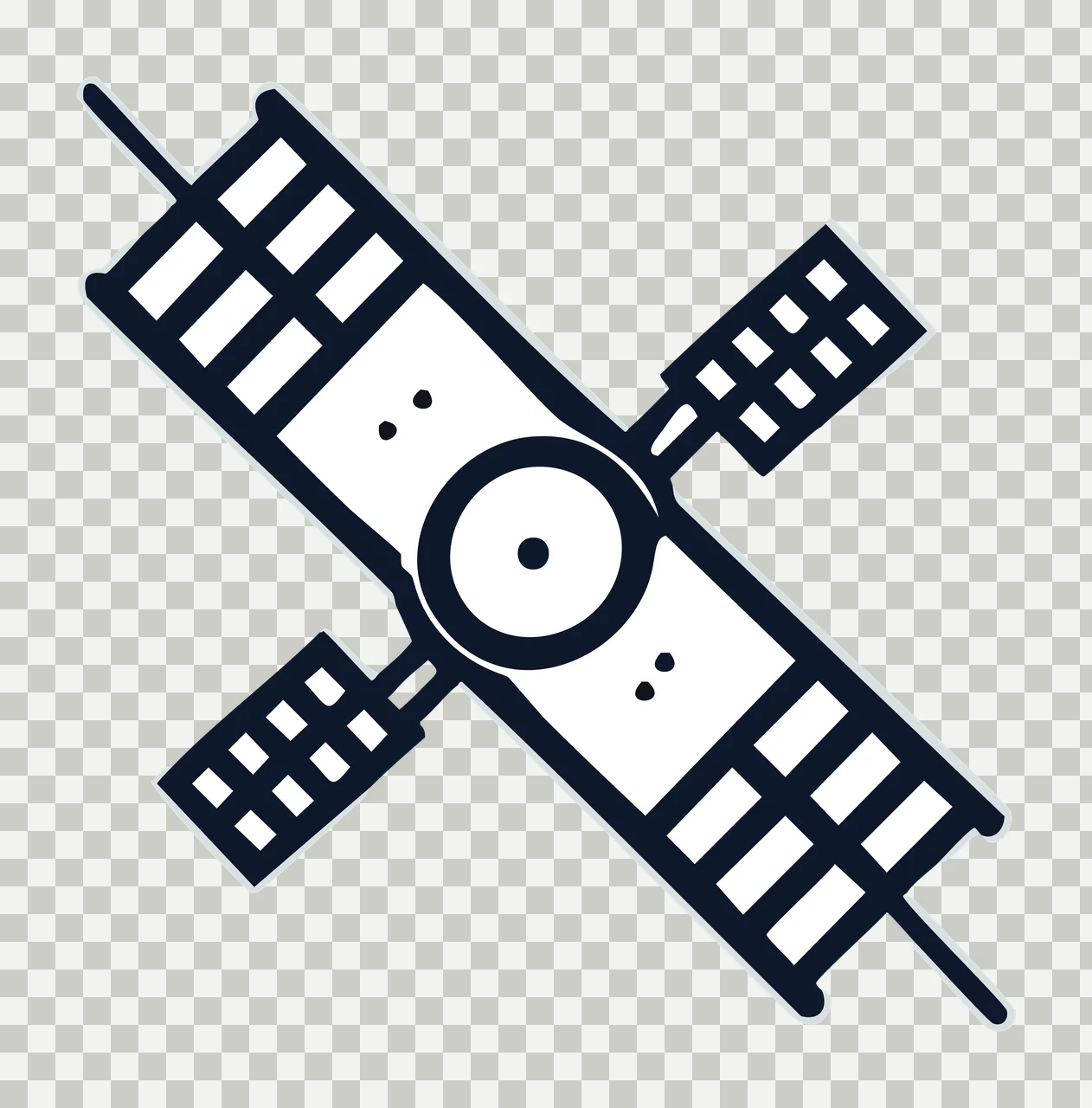 Space Black Silhouette Of Industrial Satellite Icon solar panels transparency and detail preview thumbnail