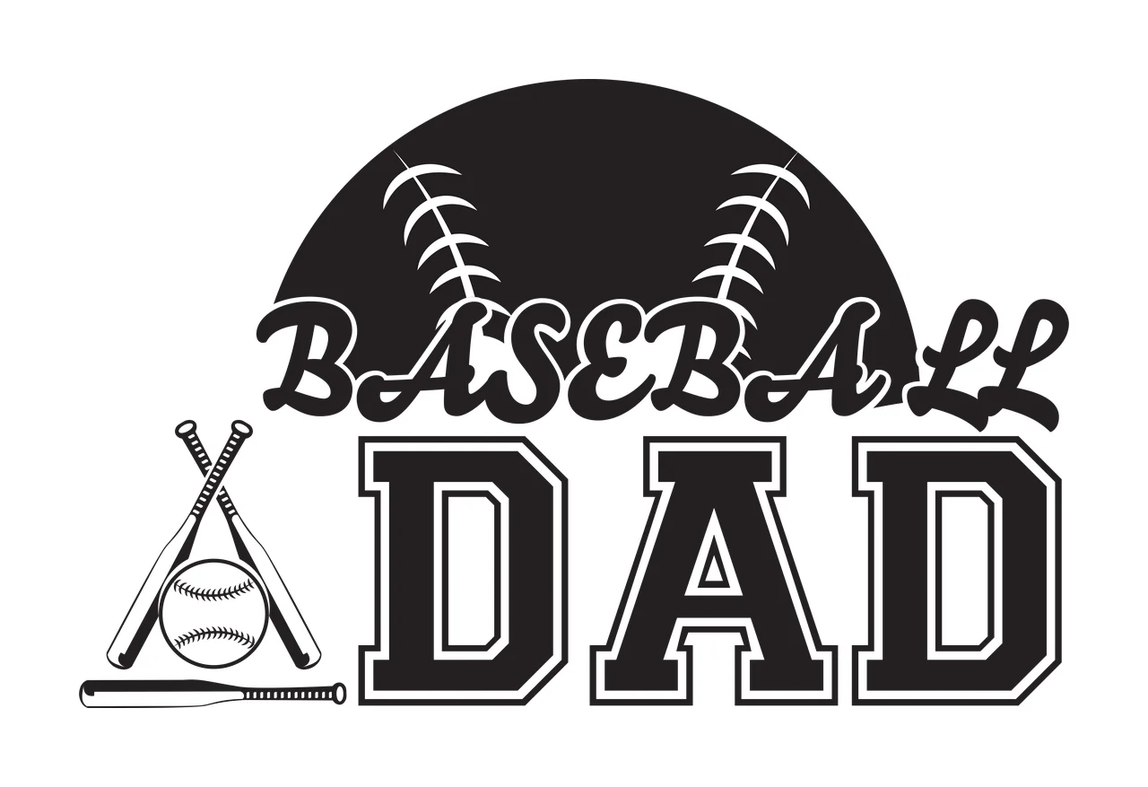 BASEBALL DAD Baseball Dad Design logo with stitched baseball, crossed bats, bat on ground and text 'BASEBALL' in cursive in black and white