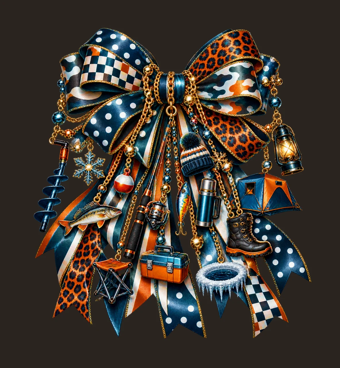 Ice Fishing Lover Bow Charm PNG, Auger Fishing Rod Fish and Ice Shelter Charms, Winter Hobby Sublimation Design, Transparent Download contrast preview thumbnail