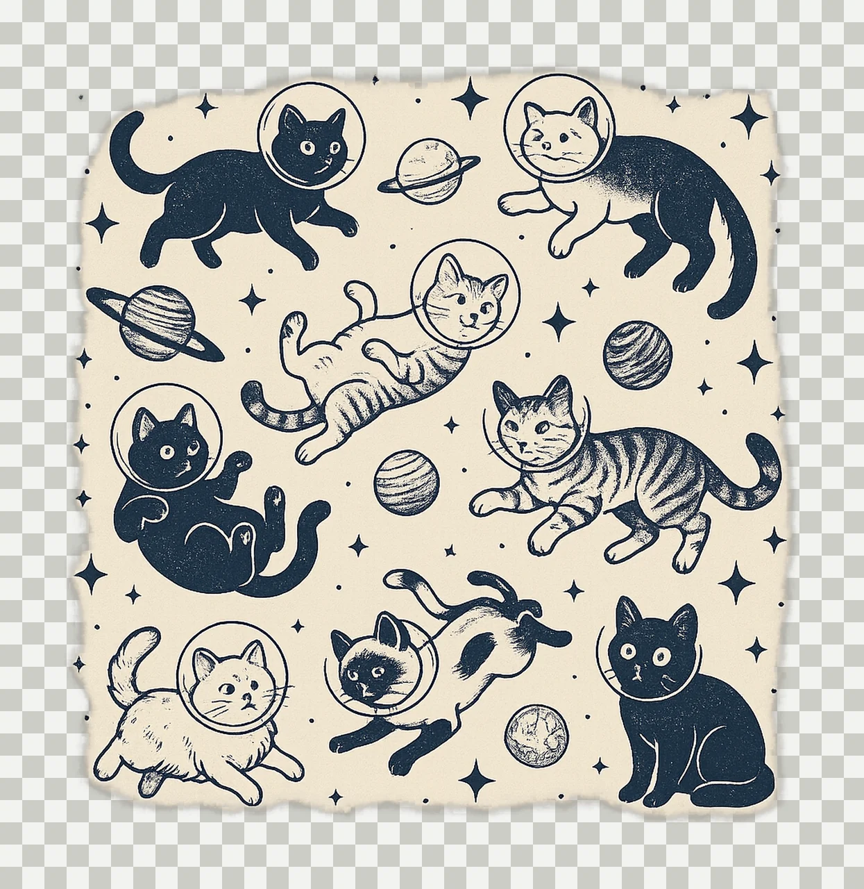 Cats in Space Funny Cat Digital Retro Vintage Cat Lover Gift transparency and detail preview thumbnail