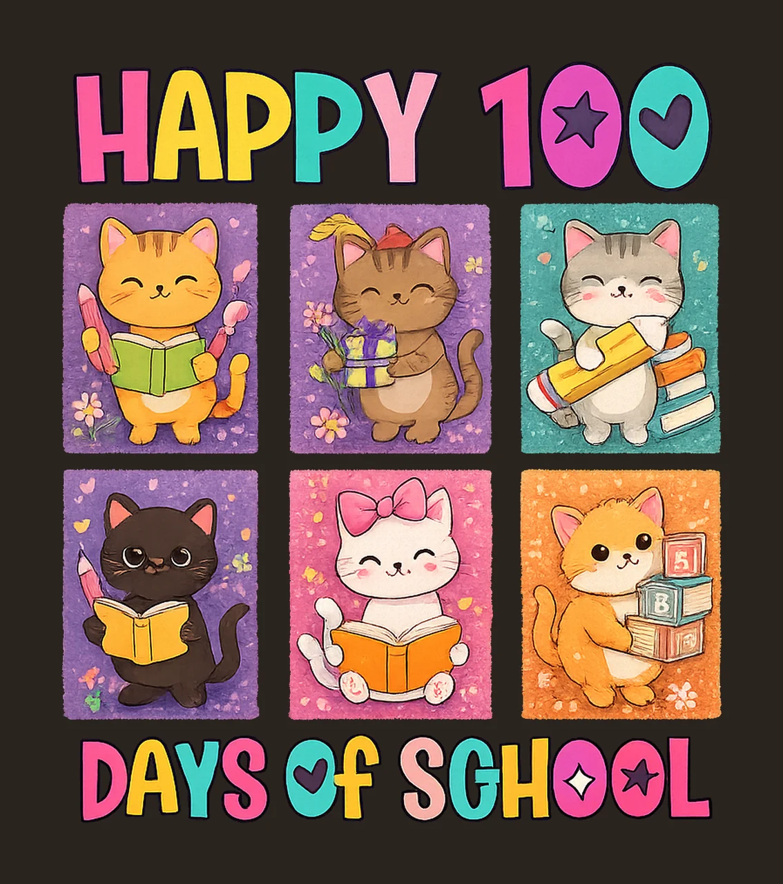 Happy 100 Days of School Cats Cute Kitten Student Design contrast preview thumbnail