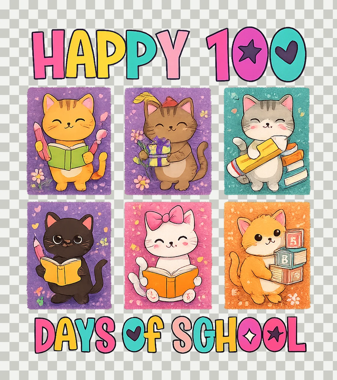 Happy 100 Days of School Cats Cute Kitten Student Design transparency and detail preview thumbnail