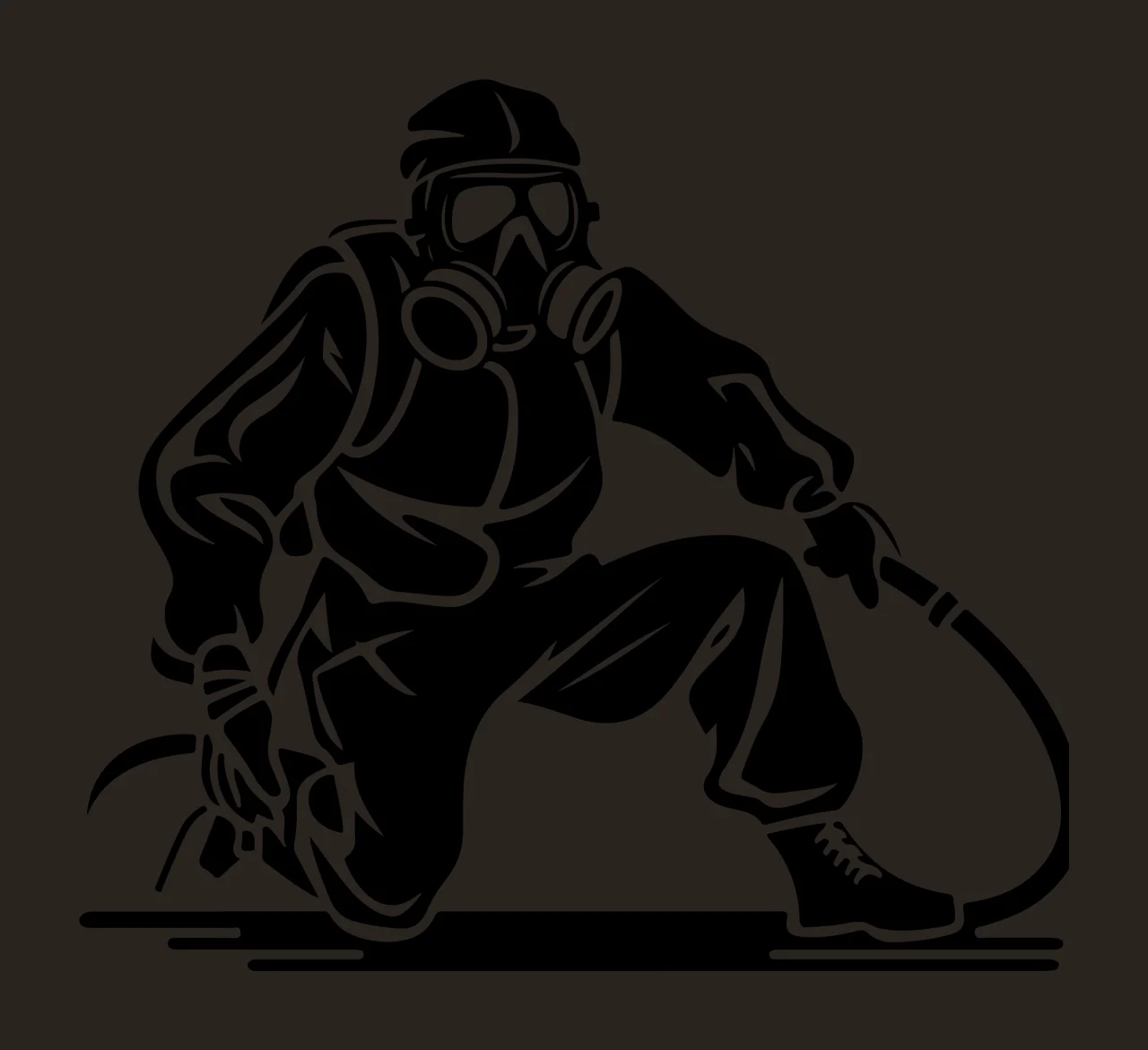 Person In Protective Hazmat Suit kneeling gas mask hose black contrast preview thumbnail
