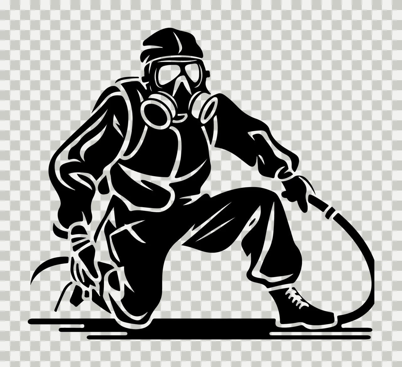 Person In Protective Hazmat Suit kneeling gas mask hose black transparency and detail preview thumbnail