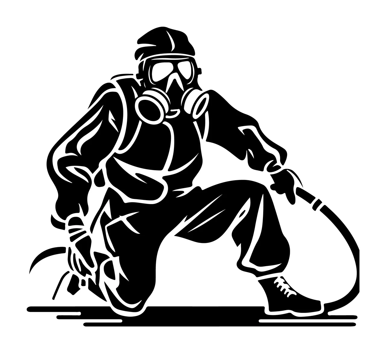 Person In Protective Hazmat Suit kneeling gas mask hose black