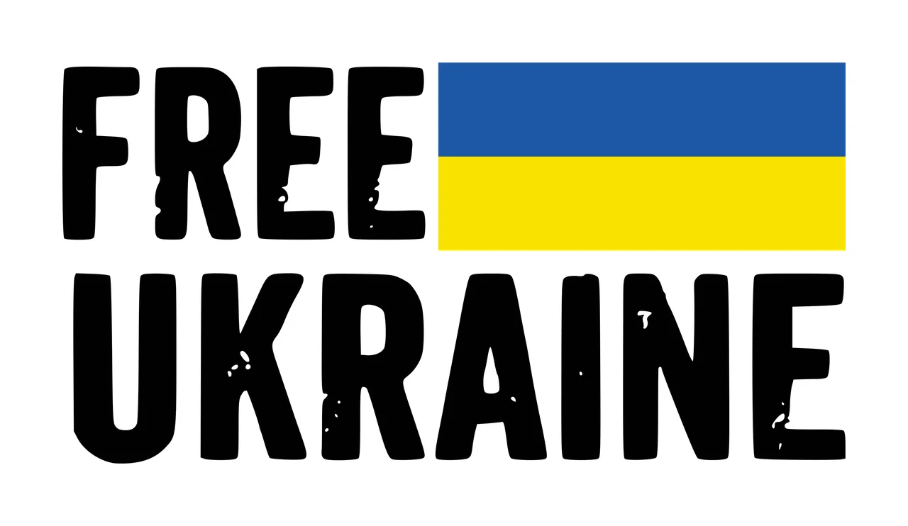 FREE UKRAINE Typography Design with distressed text, Ukrainian flag and bold block lettering in black, blue and yellow