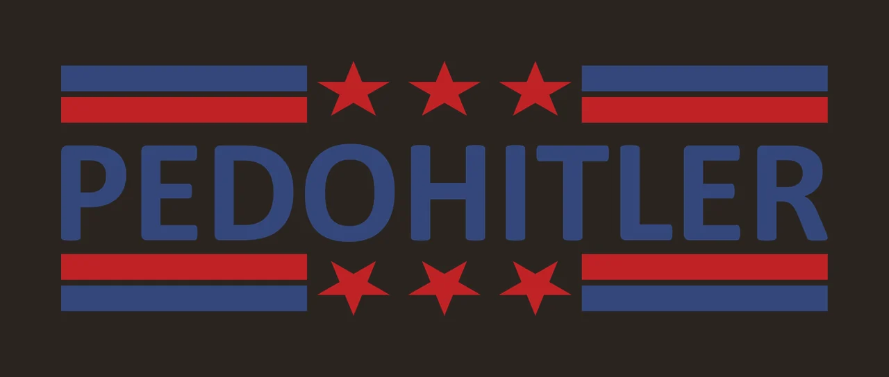 PEDOHITLER Typography Design with blue text 'PEDOHITLER', red and blue horizontal stripes and five red stars in white contrast preview thumbnail